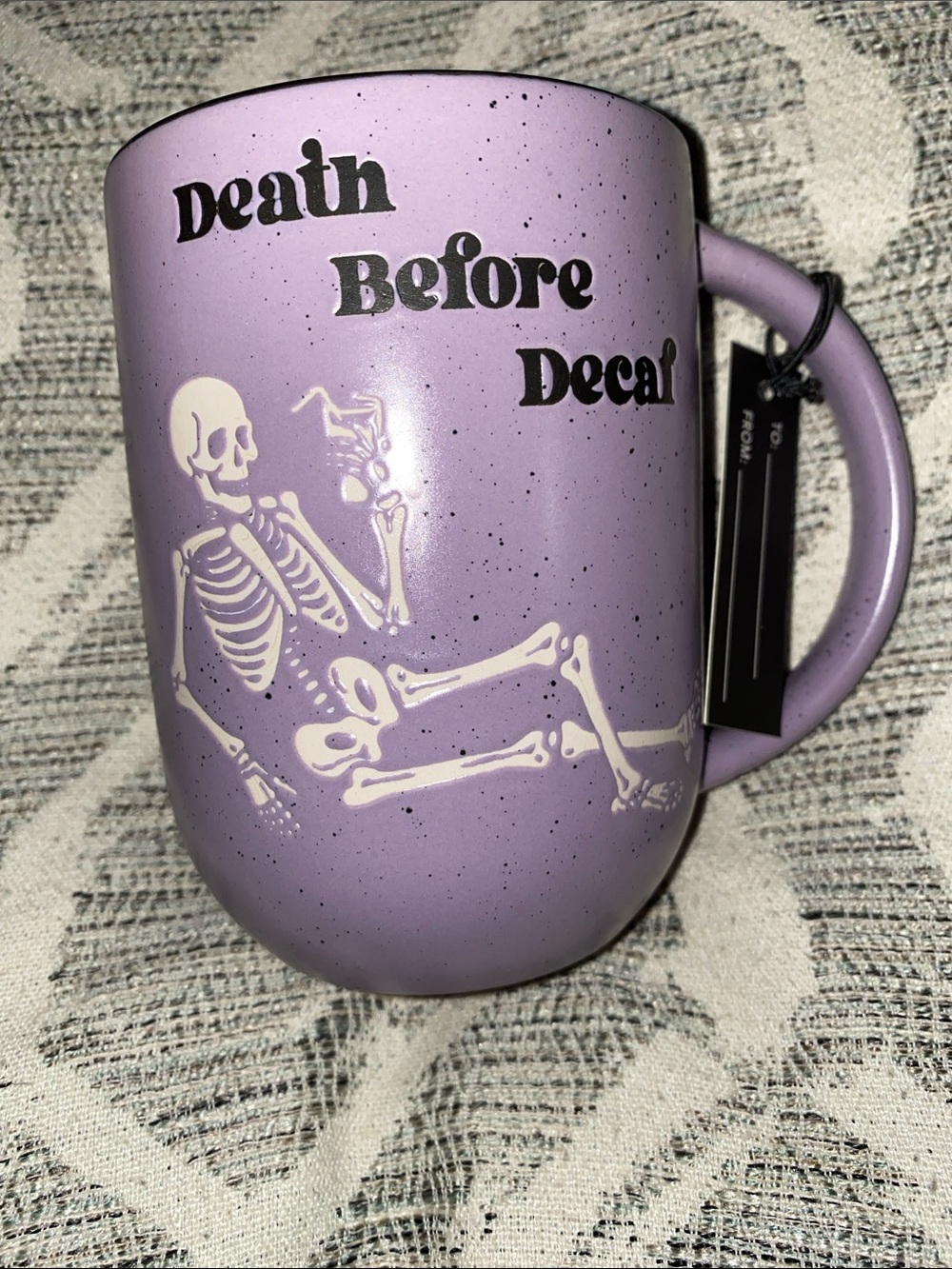 Lavender 'Death Before Decaf' Skeleton Coffee Mug